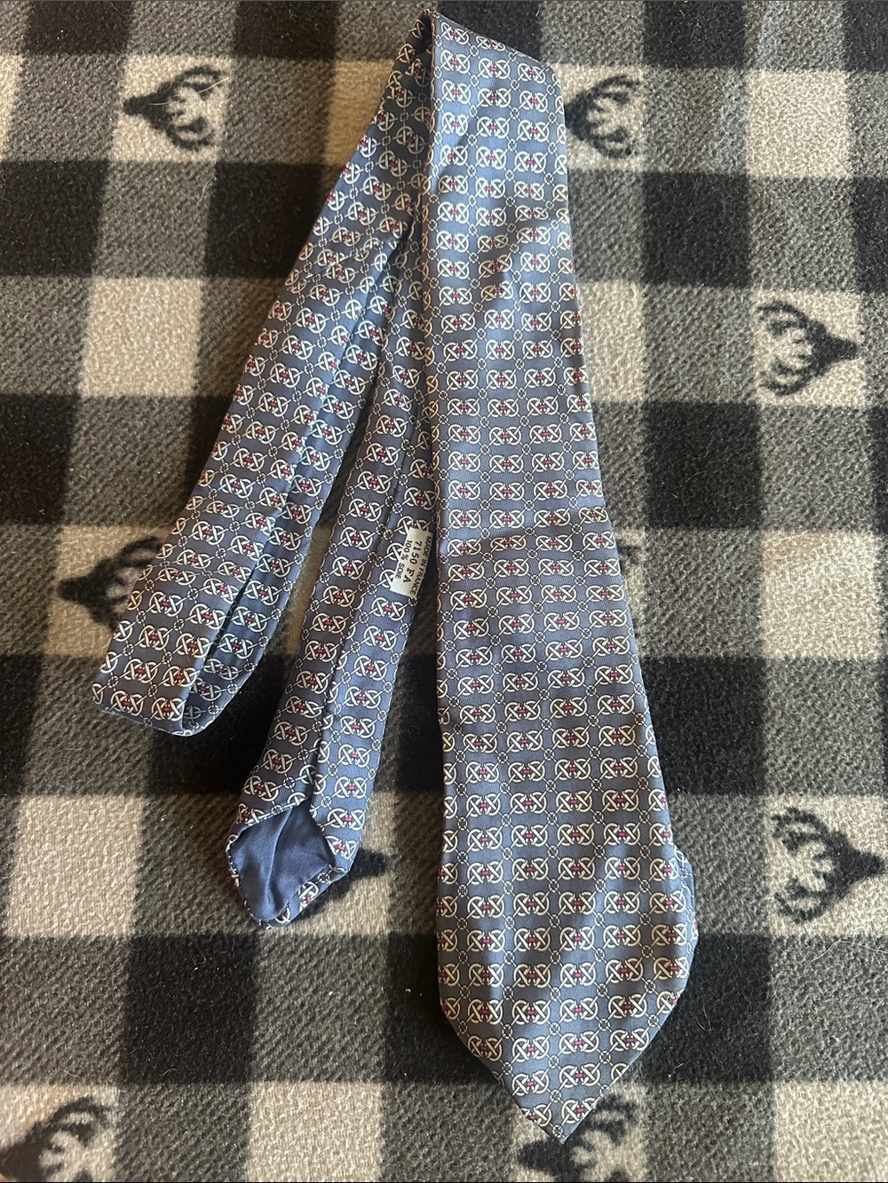 Hermes Blue and Gray Geometric Silk Tie with Subtle Red Accents